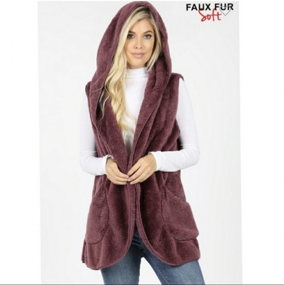 Soft Hooded Open Vest Purple - Burgandy w Pockets new - Picture 1 of 6